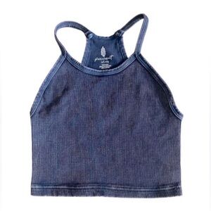 Free People Happiness Runs Ribbed Long Crop Top M/L Vintage Navy/Purple